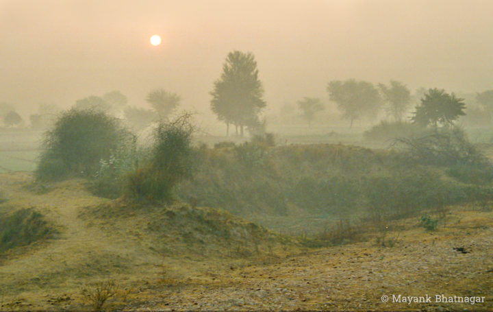 The sun behind distant trees, farmland and a soil ditch, in foggy conditions