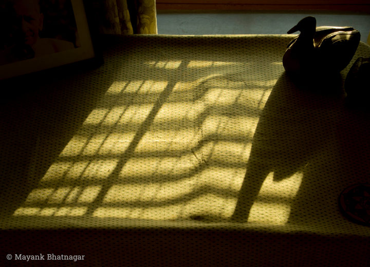 Light from a grilled window and shadow of a placed wooden duck falling on the table cloth of a side table