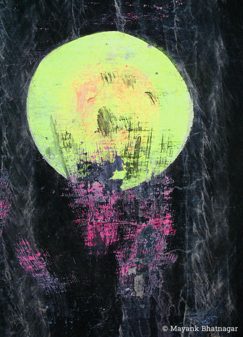 A large light green circle with scratches of pink paint below, over textured black background