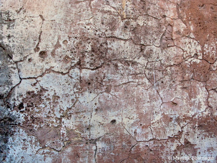 Closeup of a wall with brown and white worn out paint and many shallow cracks